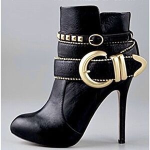 Dolce Vita Leather Braxton Booties Buckle Strappy High Heel Size‎ 8.5 Black Gold